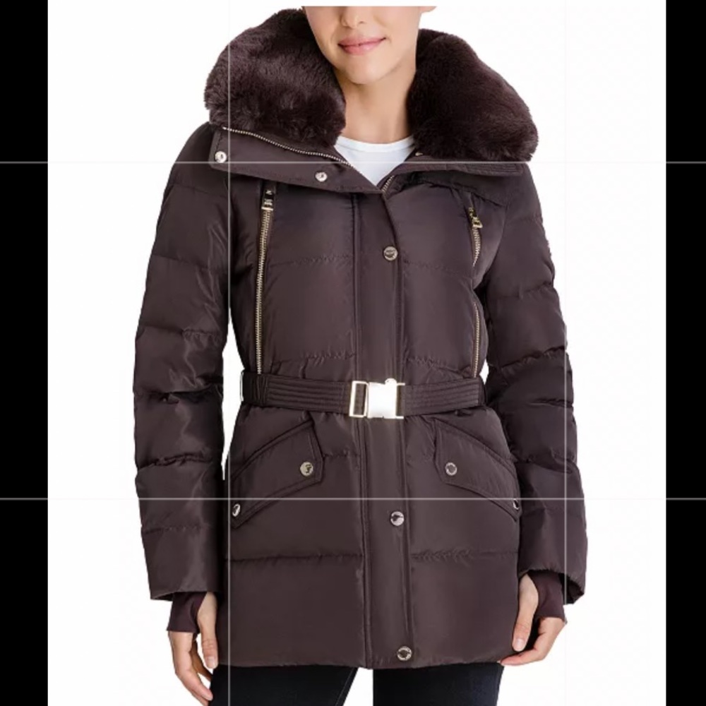 Belted Faux-Fur-Trim Hooded Down Puffer Coat